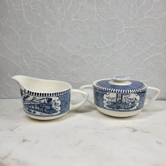 Vintage Royal China Currier & Ives Ironstone Scene Sugar Creamer Blue Steamboat - Picture 1 of 16